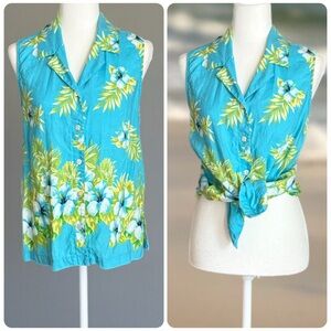 90s Easy Spirit Tropical Floral Sleeveless Button Down Linen Blouse Size Small